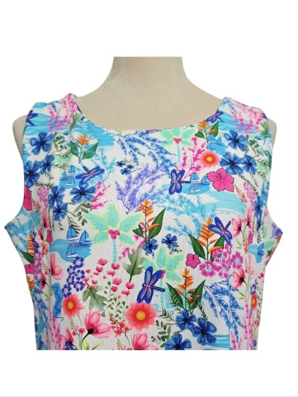 Lulu B Dress Large SPF 50 Tropical Floral Dragonfly Sailboat Sleeveless Resort - Picture 3 of 13